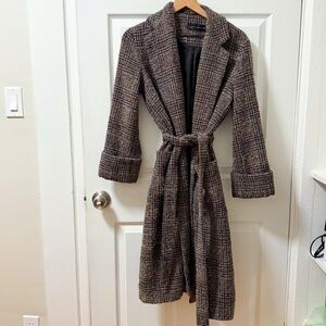 Zara brown plaid wool mohair blend belted tweed coat trench tie waist minimal